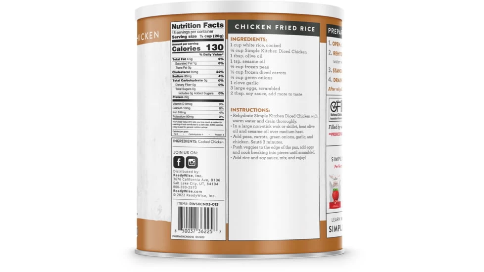 ReadyWise Simple Kitchen Freeze-Dried Diced Chicken - 16 Serving Can - Image 2
